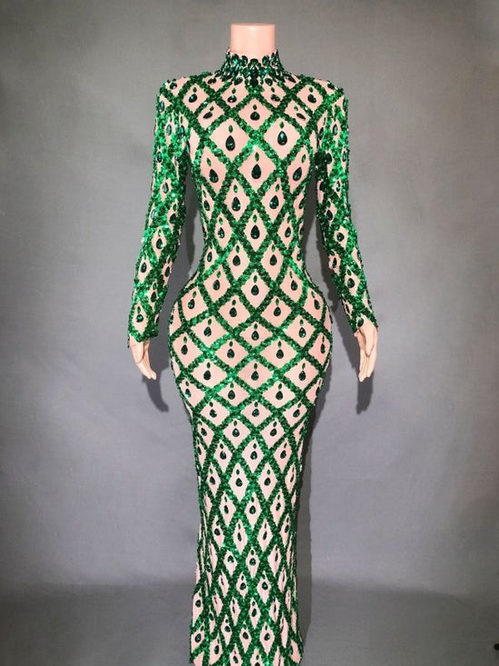 Shiny Rhinestone Women's Evening Party Formal Dress $283.62 Dana Fashion Color: Green Stripes On Skin Size: L Women's clothing Product information: Pattern: solid color Skirt type: One-Step skirt Color: long sleeve black stripes, long sleeve black stripes