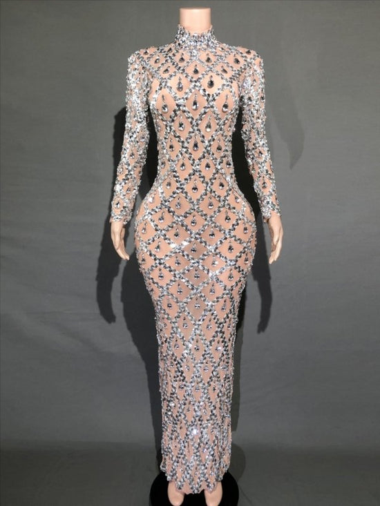 Shiny Rhinestone Women's Evening Party Formal Dress $283.62 Dana Fashion Color: Skin Bottom Silver Bar Size: L Women's clothing Product information: Pattern: solid color Skirt type: One-Step skirt Color: long sleeve black stripes, long sleeve black stripe