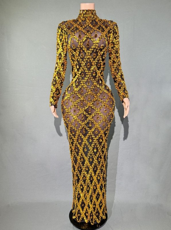 Shiny Rhinestone Women's Evening Party Formal Dress $283.62 Dana Fashion Color: Gold Bars On Black Background Size: L Women's clothing Product information: Pattern: solid color Skirt type: One-Step skirt Color: long sleeve black stripes, long sleeve black