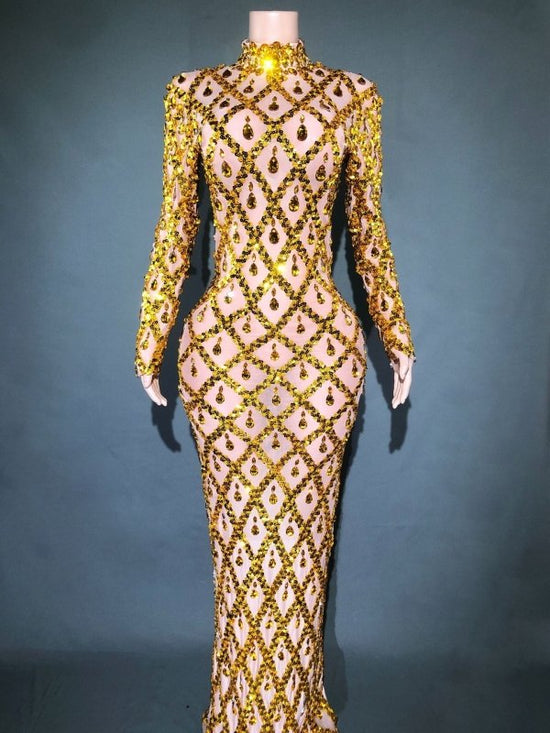 Shiny Rhinestone Women's Evening Party Formal Dress $283.62 Dana Fashion Color: Skin Bottom Gold Bar Size: L Women's clothing Product information: Pattern: solid color Skirt type: One-Step skirt Color: long sleeve black stripes, long sleeve black stripes,