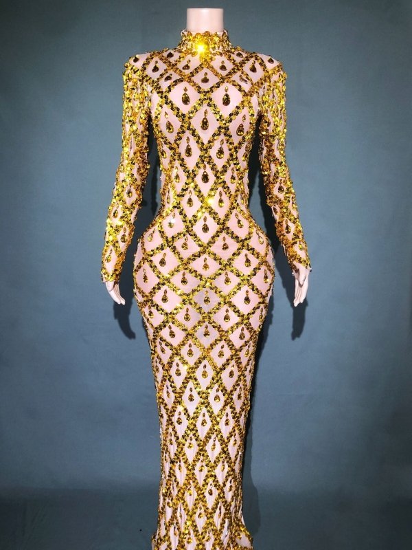 Shiny Rhinestone Women's Evening Party Formal Dress $283.62 Dana Fashion Color: Skin Bottom Gold Bar Size: L Women's clothing Product information: Pattern: solid color Skirt type: One-Step skirt Color: long sleeve black stripes, long sleeve black stripes,