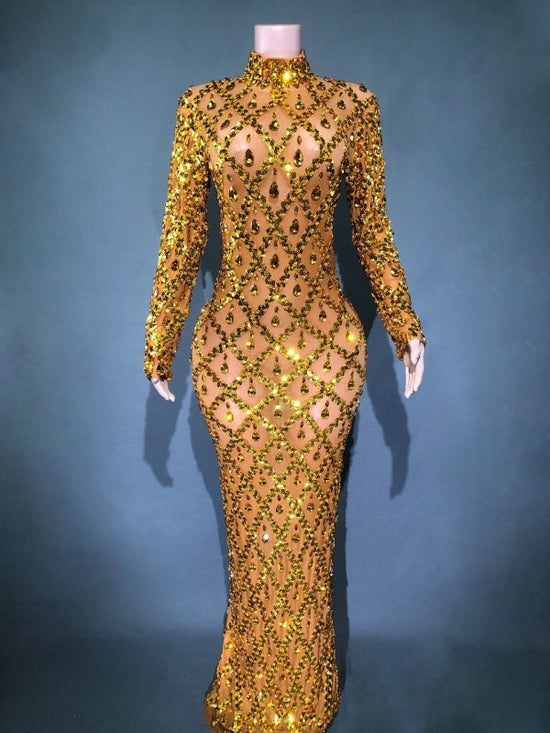 Shiny Rhinestone Women's Evening Party Formal Dress $283.62 Dana Fashion Color: Gold Bar With Gold Background Size: L Women's clothing Product information: Pattern: solid color Skirt type: One-Step skirt Color: long sleeve black stripes, long sleeve black