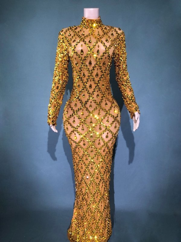 Shiny Rhinestone Women's Evening Party Formal Dress $283.62 Dana Fashion Color: Gold Bar With Gold Background Size: L Women's clothing Product information: Pattern: solid color Skirt type: One-Step skirt Color: long sleeve black stripes, long sleeve black