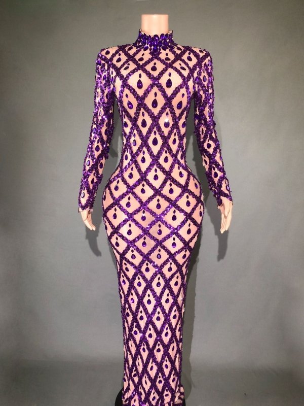 Shiny Rhinestone Women's Evening Party Formal Dress $283.62 Dana Fashion Color: Skin Bottom Purple Stripe Size: L Women's clothing Product information: Pattern: solid color Skirt type: One-Step skirt Color: long sleeve black stripes, long sleeve black str