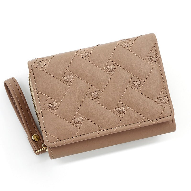 Short And Simple Embroidered Love Heart Multi Card Slots Wallet $21.69 Dana Fashion Color: Khaki Women's Bags Product information: Pattern: love Lining texture: Polyester Applicable scenario: Daily matching Color: T441-1 Black, T441-1 pink, T441-1 red, T4