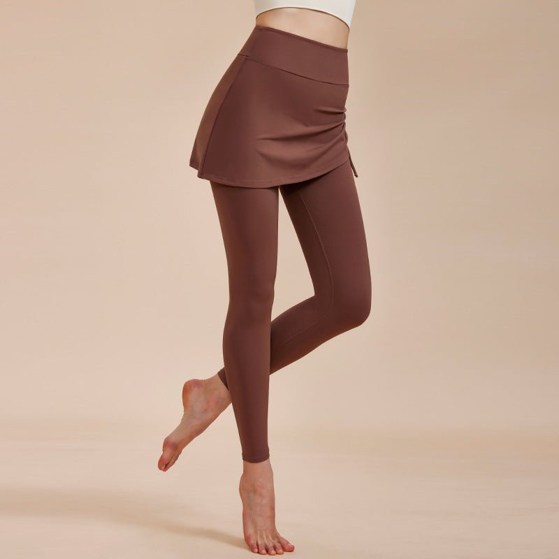 Short Skirt Design Yoga Pants Fake Two-piece Anti-exposure Butt-covering Seamless High-waisted Leggings For Dance Sports Fitness Pants $94.50 Dana Fashion Color: Brown Size: L Women's clothing Product information: Material:79% nylon + 21% spandex Style:Fa