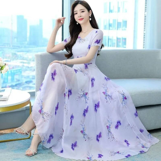 Short Sleeve V-neck Mid-length Dress Women's Waist Slimming Temperament Floral Skirt A-line Skirt Fashion $19.90 Dana Fashion Color: Purple Size: L Women's clothing Product information: Pattern: Floral Skirt-type: A- line skirt Color: purple, yellow Waist