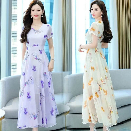 Short Sleeve V-neck Mid-length Dress Women's Waist Slimming Temperament Floral Skirt A-line Skirt Fashion $19.90 Dana Fashion Color: Purple Size: L Women's clothing Product information: Pattern: Floral Skirt-type: A- line skirt Color: purple, yellow Waist