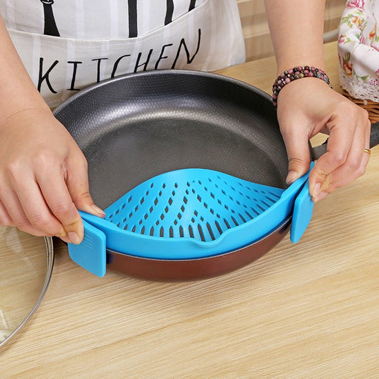 Silicone Clip-on Pot Pan Bowl Funnel Oil Strainer Creative Rice Washing Colander for Draining Liquid Fits All Pot Size $24.50 Dana Fashion format: Black Dana's Kitchen Overview: Uniform hollow design, no waste of filtering Silicone material, safe and heal