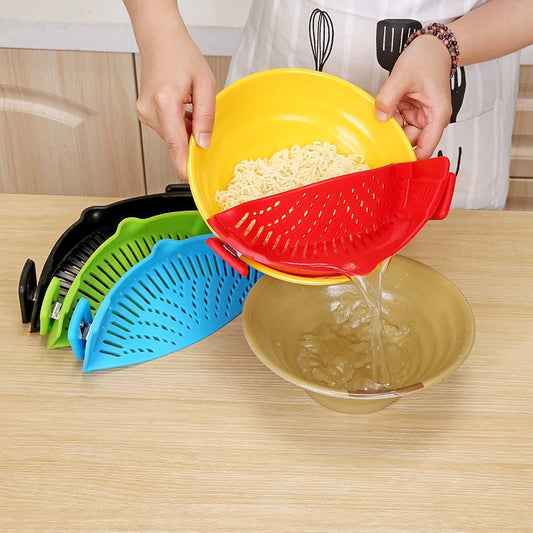 Silicone Clip-on Pot Pan Bowl Funnel Oil Strainer Creative Rice Washing Colander for Draining Liquid Fits All Pot Size $24.50 Dana Fashion format: Black Dana's Kitchen Overview: Uniform hollow design, no waste of filtering Silicone material, safe and heal