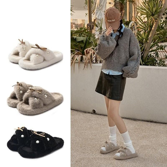Simple Fashion Fur Hyoma Warm Non-slip Cotton Slippers $54.50 Dana Fashion Color: Cloud White Size: 36or37 Women's shoes Product information: Color: Cloud White, obsidian black, khaki Heel shape: flat heel Size: 36/37 (35/36 feet recommended),38/39 (37/38