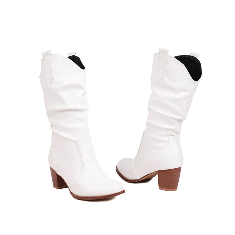Simple Women's Fashion Leather Boots $65.99 Dana Fashion Color: Black Size: 33 Women's shoes Product information: Pattern: solid color Lining material: Cotton Color: white, black, brown Heel height: mid heel (3-5CM) Sock length: mid-calf Heel shape: chunk