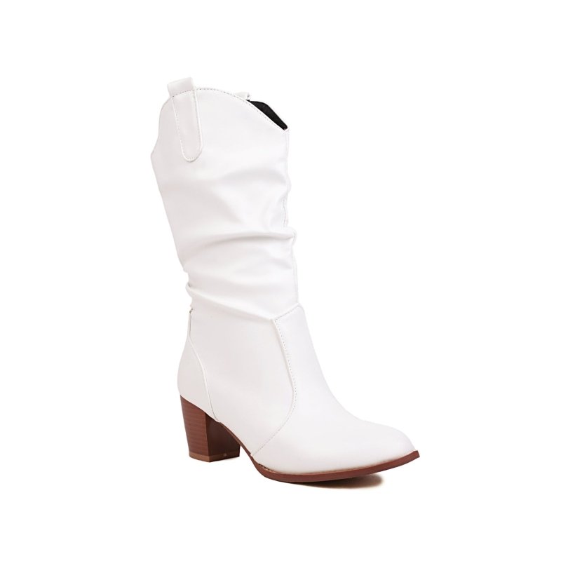 Simple Women's Fashion Leather Boots $65.99 Dana Fashion Color: White Size: 33 Women's shoes Product information: Pattern: solid color Lining material: Cotton Color: white, black, brown Heel height: mid heel (3-5CM) Sock length: mid-calf Heel shape: chunk
