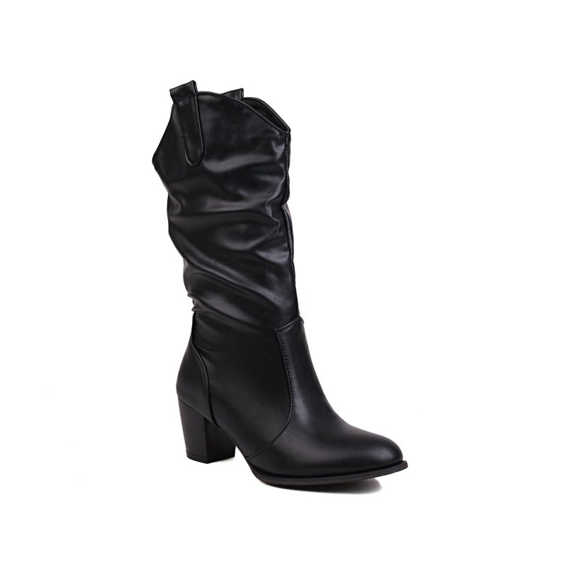 Simple Women's Fashion Leather Boots $65.99 Dana Fashion Color: Black Size: 33 Women's shoes Product information: Pattern: solid color Lining material: Cotton Color: white, black, brown Heel height: mid heel (3-5CM) Sock length: mid-calf Heel shape: chunk