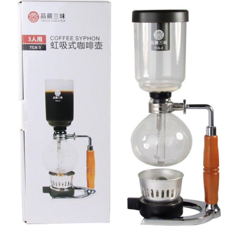 Siphon Coffee Maker Tea Pot Vacuum Coffeemaker Glass Machine $128.46 Dana Fashion Color: Black Dana's Kitchen Specifications: [Capacity] 3 persons (TCA-3) [Specification] 36*16*14CM [net weight] 1300 grams [Accessories] bracket + upper limb + lower limb +