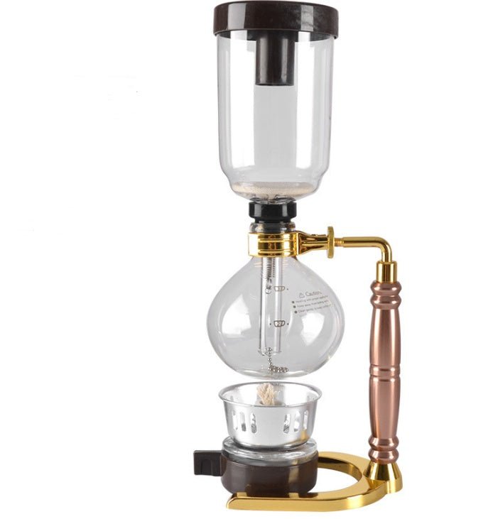 Siphon Coffee Maker Tea Pot Vacuum Coffeemaker Glass Machine $128.57 Dana Fashion Color: Gold Dana's Kitchen Specifications: [Capacity] 3 persons (TCA-3) [Specification] 36*16*14CM [net weight] 1300 grams [Accessories] bracket + upper limb + lower limb +