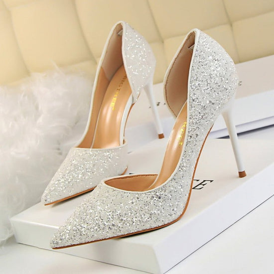 Skinny Women's Shoes Stiletto Heel Shallow Mouth Pointed Side Hollow-out Sequin $44.17 Dana Fashion Color: White Size: 34 Women's shoes Product information: Pattern: solid color Lining material: imitation leather Color: white, red, black, blue, gold, silv