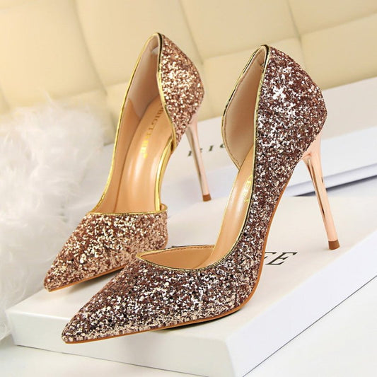 Skinny Women's Shoes Stiletto Heel Shallow Mouth Pointed Side Hollow-out Sequin $44.17 Dana Fashion Color: Black Size: 34 Women's shoes Product information: Pattern: solid color Lining material: imitation leather Color: white, red, black, blue, gold, silv