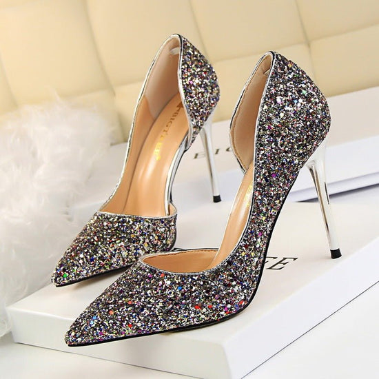 Skinny Women's Shoes Stiletto Heel Shallow Mouth Pointed Side Hollow-out Sequin $44.17 Dana Fashion Color: Black Size: 34 Women's shoes Product information: Pattern: solid color Lining material: imitation leather Color: white, red, black, blue, gold, silv