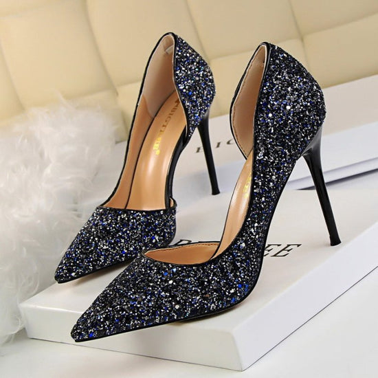Skinny Women's Shoes Stiletto Heel Shallow Mouth Pointed Side Hollow-out Sequin $44.17 Dana Fashion Color: Blue Size: 34 Women's shoes Product information: Pattern: solid color Lining material: imitation leather Color: white, red, black, blue, gold, silve