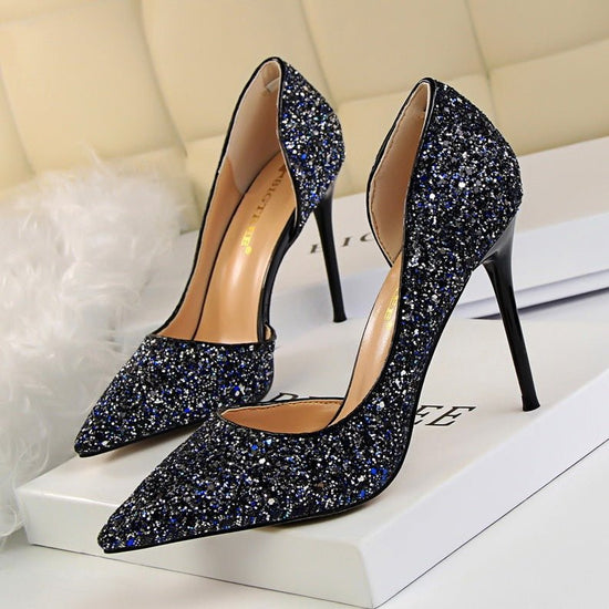 Skinny Women's Shoes Stiletto Heel Shallow Mouth Pointed Side Hollow-out Sequin $44.17 Dana Fashion Color: Black Size: 34 Women's shoes Product information: Pattern: solid color Lining material: imitation leather Color: white, red, black, blue, gold, silv