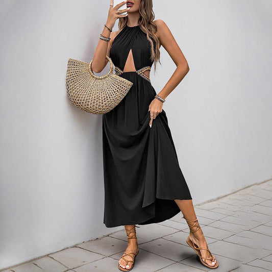 Sleeveless Halter Dress Women's Hollow-out Vacation Style Long Dress $49.76 Dana Fashion Color: Black Size: L Women's clothing Product information: Skirt type: suspender skirt Color: Black Waist type: high waist Size: S,M,L,XL Skirt length: mid-length ski