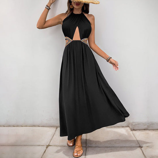 Sleeveless Halter Dress Women's Hollow-out Vacation Style Long Dress $49.76 Dana Fashion Color: Black Size: L Women's clothing Product information: Skirt type: suspender skirt Color: Black Waist type: high waist Size: S,M,L,XL Skirt length: mid-length ski