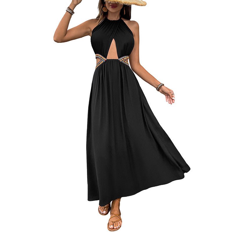 Sleeveless Halter Dress Women's Hollow-out Vacation Style Long Dress $49.76 Dana Fashion Color: Black Size: L Women's clothing Product information: Skirt type: suspender skirt Color: Black Waist type: high waist Size: S,M,L,XL Skirt length: mid-length ski