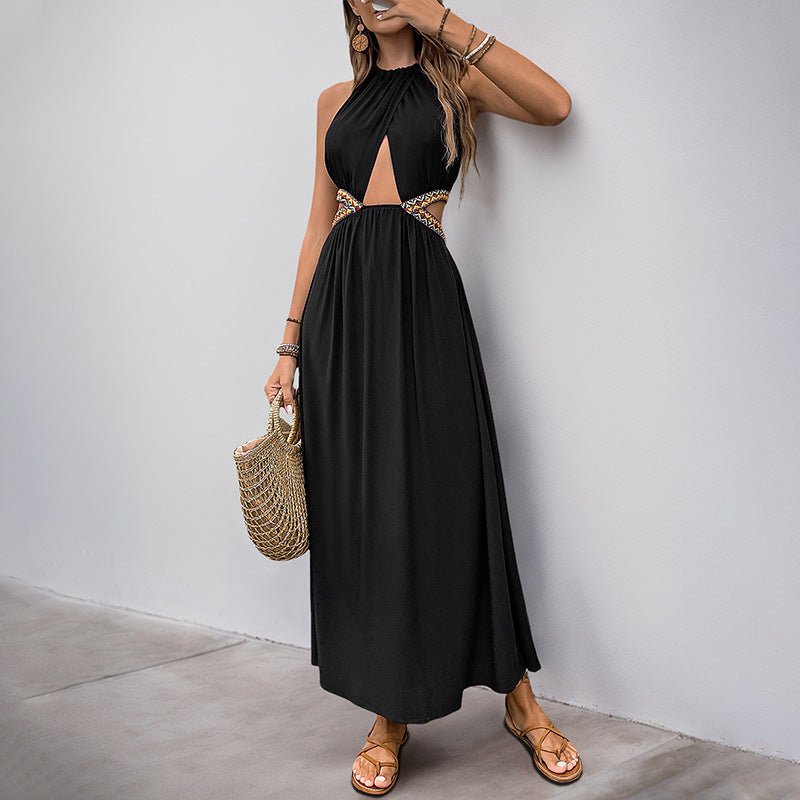 Sleeveless Halter Dress Women's Hollow-out Vacation Style Long Dress $49.76 Dana Fashion Color: Black Size: L Women's clothing Product information: Skirt type: suspender skirt Color: Black Waist type: high waist Size: S,M,L,XL Skirt length: mid-length ski