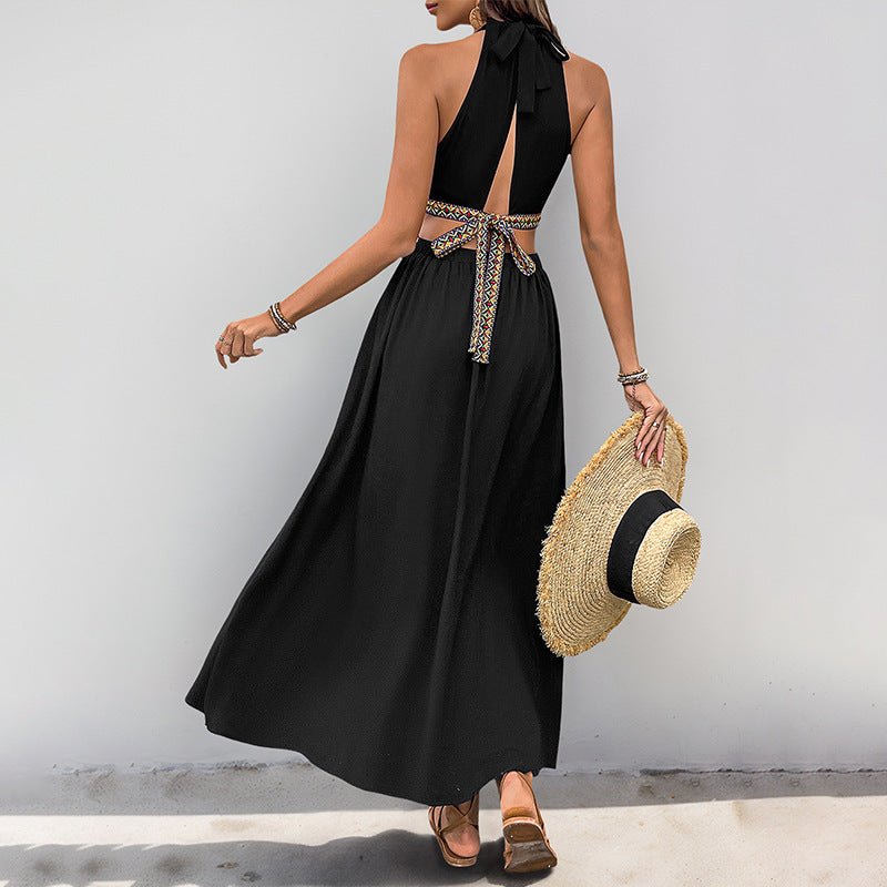 Sleeveless Halter Dress Women's Hollow-out Vacation Style Long Dress $49.76 Dana Fashion Color: Black Size: L Women's clothing Product information: Skirt type: suspender skirt Color: Black Waist type: high waist Size: S,M,L,XL Skirt length: mid-length ski