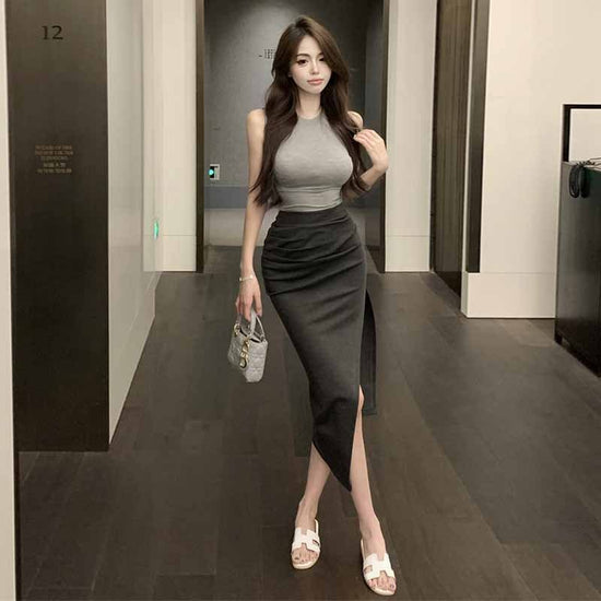Sleeveless Tight Top Split Dress Suit Women $47.50 Dana Fashion Color: Skirt Size: M Women's clothing Product information: Color: top, skirt Sleeve type: sleeveless Main fabric composition: Polyester (polyester fiber) Size: free size, S,M Applicable Gende