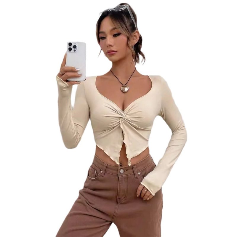 Slim-fit Front Twist Irregular Long Sleeve T-shirt For Women $27.52 Dana Fashion Color: Apricot Size: L Women's clothing Product information: Color: apricot, black, white Size: S,M,L Style: slim fit Style: pullover Fabric name: Rayon pull frame Main fabri