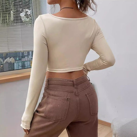 Slim-fit Front Twist Irregular Long Sleeve T-shirt For Women $27.52 Dana Fashion Color: Apricot Size: L Women's clothing Product information: Color: apricot, black, white Size: S,M,L Style: slim fit Style: pullover Fabric name: Rayon pull frame Main fabri