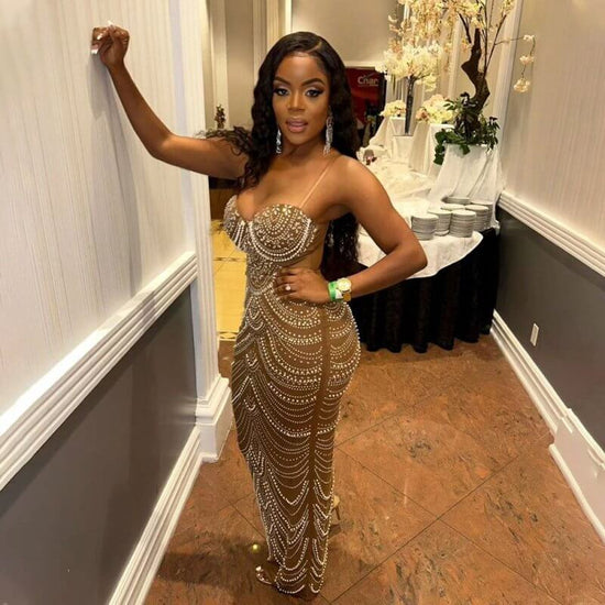 Sling Hot Drilling Foam Beads Evening Dress $79.50 Dana Fashion Color: Black Size: L Women's clothing Product information: Pattern: solid color Skirt-type: hip skirt Color: Black, Brown Waist Type: Mid waist Size: S,M,L,XL,XXL Style type: private clothing