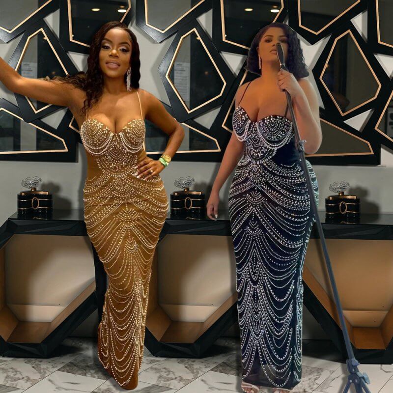 Sling Hot Drilling Foam Beads Evening Dress $79.50 Dana Fashion Color: Black Size: L Women's clothing Product information: Pattern: solid color Skirt-type: hip skirt Color: Black, Brown Waist Type: Mid waist Size: S,M,L,XL,XXL Style type: private clothing