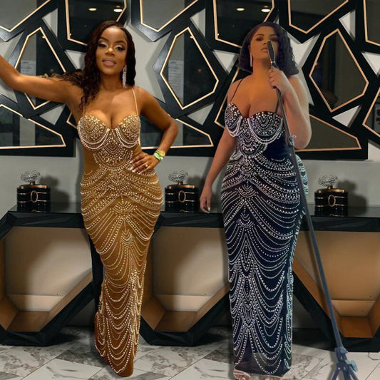 Sling Hot Drilling Foam Beads Evening Dress $79.50 Dana Fashion Color: Black Size: L Women's clothing Product information: Pattern: solid color Skirt-type: hip skirt Color: Black, Brown Waist Type: Mid waist Size: S,M,L,XL,XXL Style type: private clothing