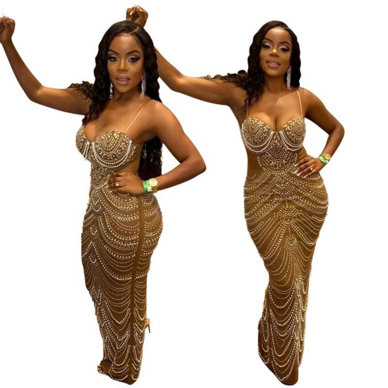 Sling Hot Drilling Foam Beads Evening Dress $79.50 Dana Fashion Color: Black Size: L Women's clothing Product information: Pattern: solid color Skirt-type: hip skirt Color: Black, Brown Waist Type: Mid waist Size: S,M,L,XL,XXL Style type: private clothing