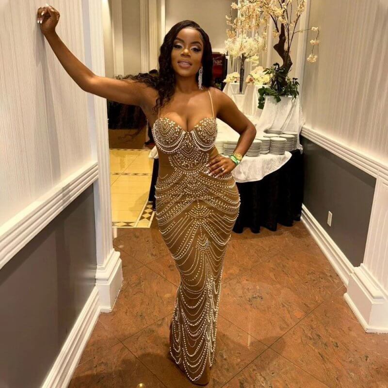 Sling Hot Drilling Foam Beads Evening Dress $79.50 Dana Fashion Color: Brown Size: L Women's clothing Product information: Pattern: solid color Skirt-type: hip skirt Color: Black, Brown Waist Type: Mid waist Size: S,M,L,XL,XXL Style type: private clothing