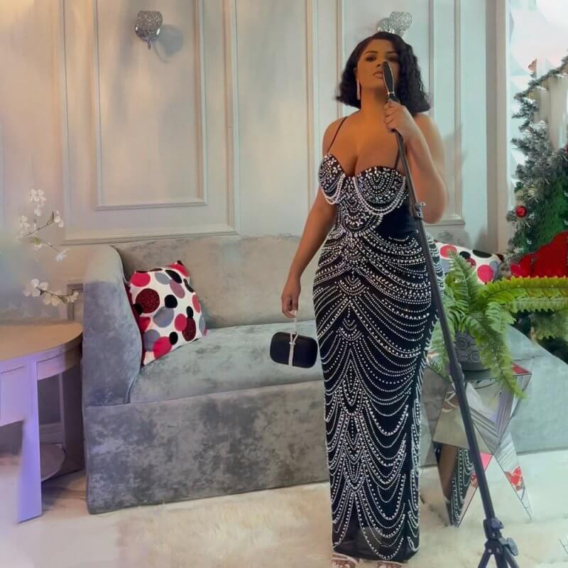 Sling Hot Drilling Foam Beads Evening Dress $79.50 Dana Fashion Color: Black Size: L Women's clothing Product information: Pattern: solid color Skirt-type: hip skirt Color: Black, Brown Waist Type: Mid waist Size: S,M,L,XL,XXL Style type: private clothing