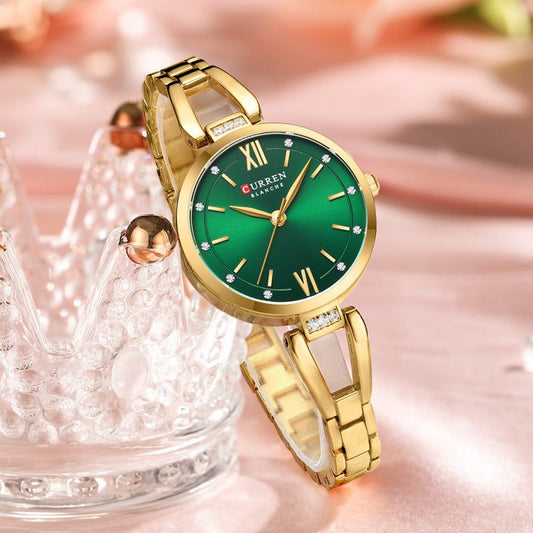 Small Dial Waterproof Simple Women's Quartz Wrist Watch $39.00 Dana Fashion Color: Gold Strap Gold Noodles Women's Accessories Product information: Color: gold watchband gold shell green surface, gold watchband gold shell gold surface, gold watchband gold