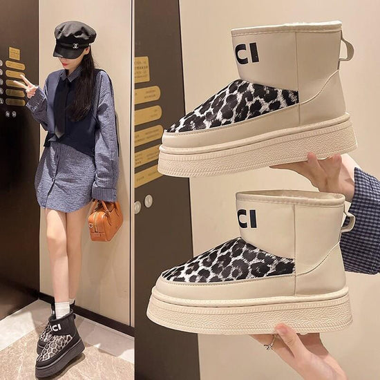 Snow Boots Women's Outer Wear Thick Sole Height Increasing $34.90 Dana Fashion Color: Beige Size: 35 Women's shoes Product information: Pattern: Leopard print Inner material: artificial wool Color: creamy-white, black, yellow Upper height: low top Heel he