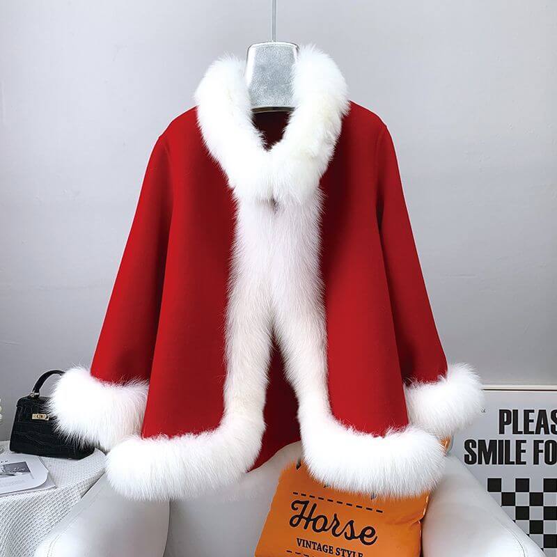 Socialite Cloak Fur Jacket Women's Reversible Woolen Coat Mid-length Young $119.00 Dana Fashion Color: Red Size: L Women's clothing Product information: Fabric name: acrylic Color: Milky yellow, peach pink, creamy-white, blue, red, pink Sleeve type: flyin