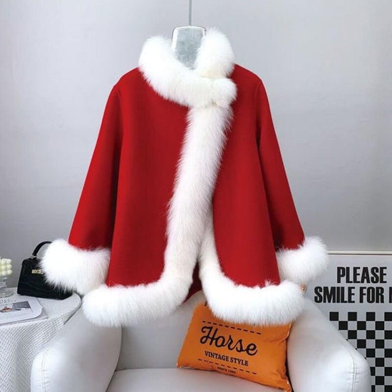 Socialite Cloak Fur Jacket Women's Reversible Woolen Coat Mid-length Young $119.00 Dana Fashion Color: Beige Size: L Women's clothing Product information: Fabric name: acrylic Color: Milky yellow, peach pink, creamy-white, blue, red, pink Sleeve type: fly