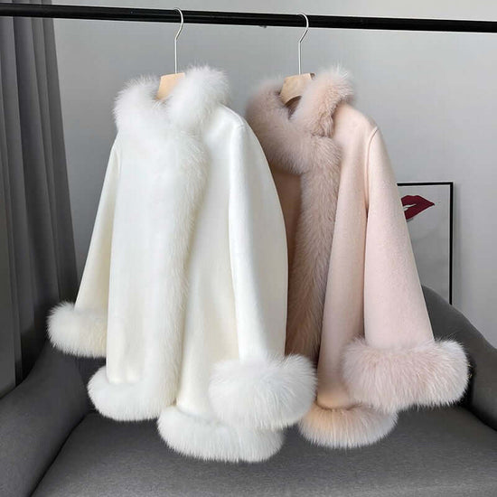 Socialite Cloak Fur Jacket Women's Reversible Woolen Coat Mid-length Young $119.00 Dana Fashion Color: Beige Size: L Women's clothing Product information: Fabric name: acrylic Color: Milky yellow, peach pink, creamy-white, blue, red, pink Sleeve type: fly