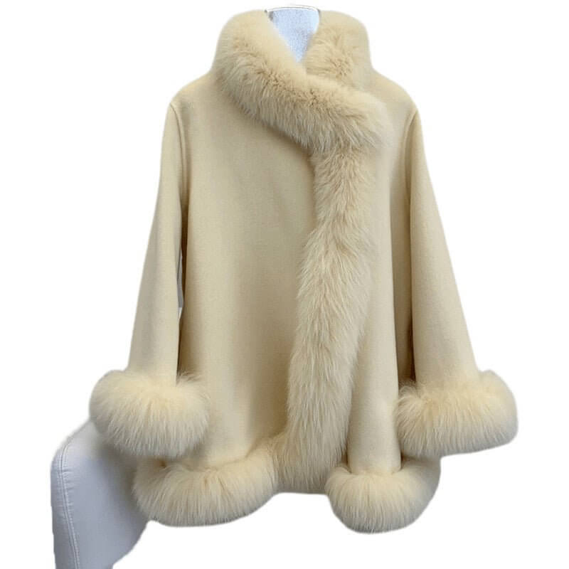 Socialite Cloak Fur Jacket Women's Reversible Woolen Coat Mid-length Young $119.00 Dana Fashion Color: Beige Size: L Women's clothing Product information: Fabric name: acrylic Color: Milky yellow, peach pink, creamy-white, blue, red, pink Sleeve type: fly