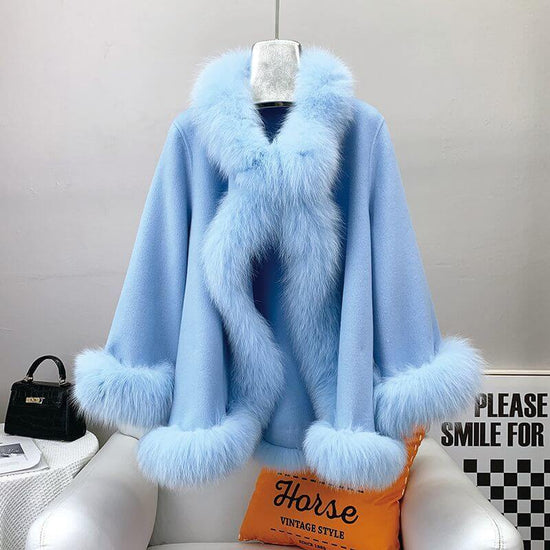Socialite Cloak Fur Jacket Women's Reversible Woolen Coat Mid-length Young $119.00 Dana Fashion Color: Blue Size: L Women's clothing Product information: Fabric name: acrylic Color: Milky yellow, peach pink, creamy-white, blue, red, pink Sleeve type: flyi