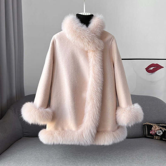 Socialite Cloak Fur Jacket Women's Reversible Woolen Coat Mid-length Young $119.00 Dana Fashion Color: Beige Size: L Women's clothing Product information: Fabric name: acrylic Color: Milky yellow, peach pink, creamy-white, blue, red, pink Sleeve type: fly