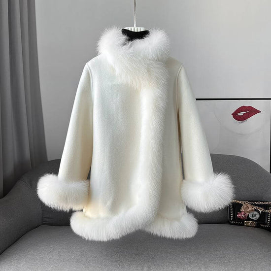 Socialite Cloak Fur Jacket Women's Reversible Woolen Coat Mid-length Young $119.00 Dana Fashion Color: Beige Size: L Women's clothing Product information: Fabric name: acrylic Color: Milky yellow, peach pink, creamy-white, blue, red, pink Sleeve type: fly