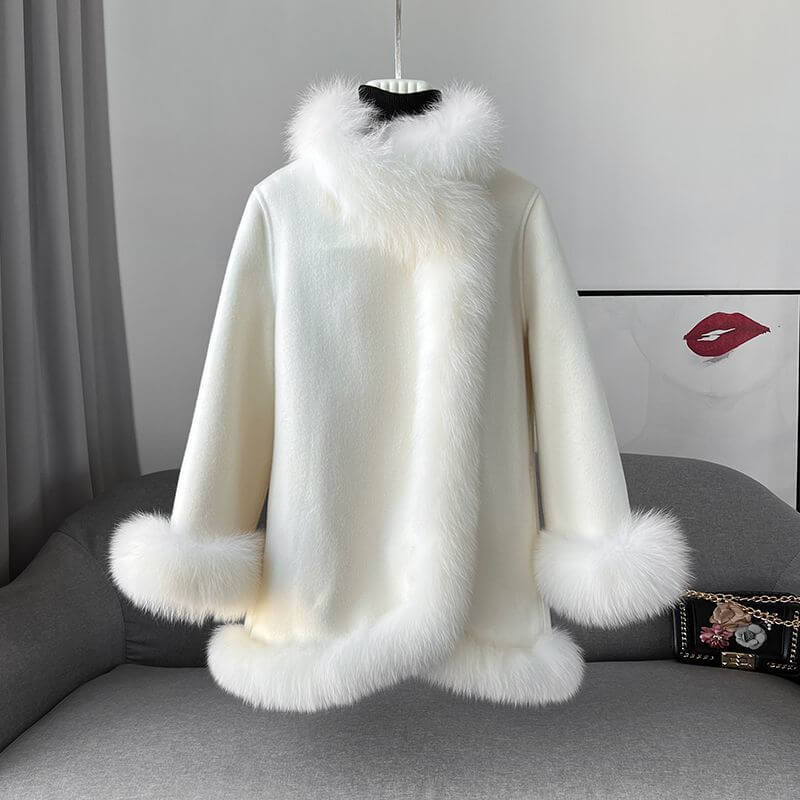Socialite Cloak Fur Jacket Women's Reversible Woolen Coat Mid-length Young $119.00 Dana Fashion Color: Beige Size: L Women's clothing Product information: Fabric name: acrylic Color: Milky yellow, peach pink, creamy-white, blue, red, pink Sleeve type: fly