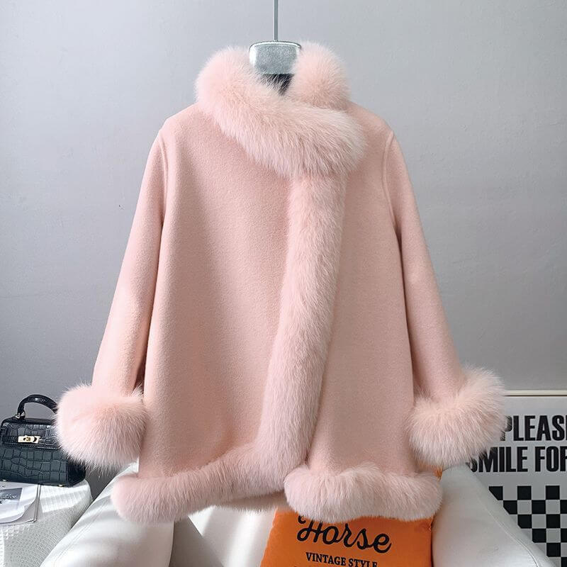 Socialite Cloak Fur Jacket Women's Reversible Woolen Coat Mid-length Young $119.00 Dana Fashion Color: Pink Size: L Women's clothing Product information: Fabric name: acrylic Color: Milky yellow, peach pink, creamy-white, blue, red, pink Sleeve type: flyi